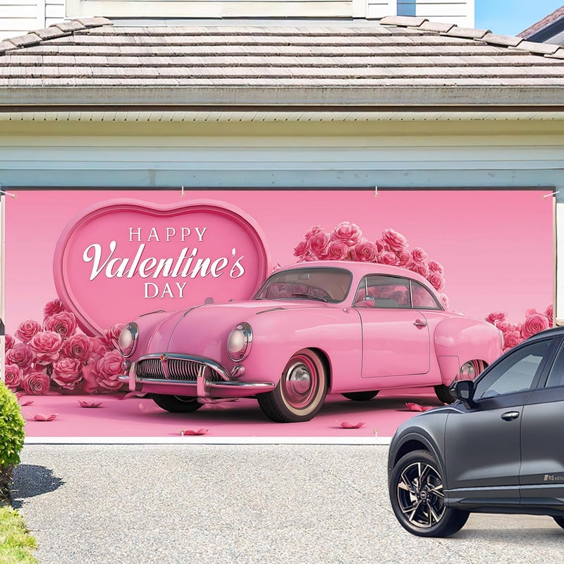 ANNA QUEEN Valentine’s Day Garage Door Banner 6x13FT, Pink Vintage Car and Rose Heart Garage Door Cover, Romantic Outdoor Decoration for Garage Doors, Yard & Love Theme Party Backdrop - Image 2